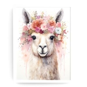 Watercolor Cute Floral Llama Wall Art Illustration Print Poster Card Unframed